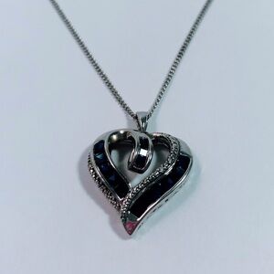 NIB Sterling Silver created Blue Sapphire crushed diamond accents Heart Necklace